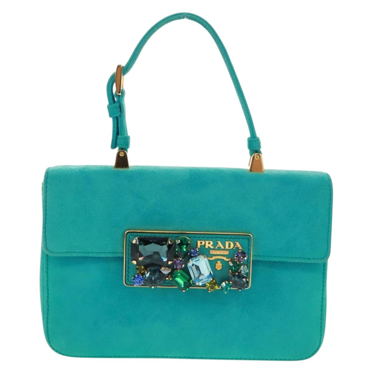 PRADA Hand Bag Suede Turquoise Blue Gold Auth 165751V