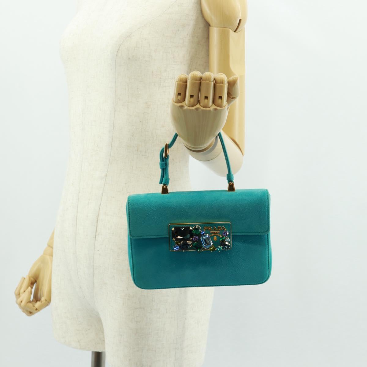 PRADA Hand Bag Suede Turquoise Blue Gold Auth 165751SAV