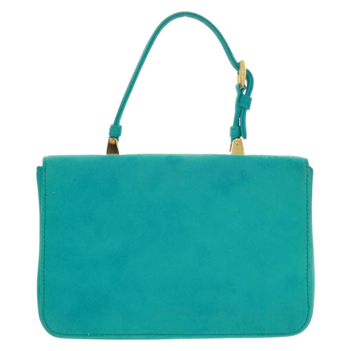 PRADA Hand Bag Suede Turquoise Blue Gold Auth 165751V