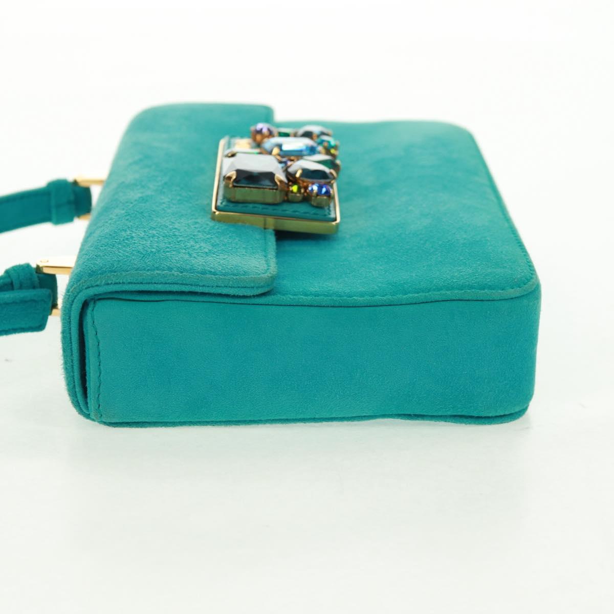 PRADA Hand Bag Suede Turquoise Blue Gold Auth 165751V