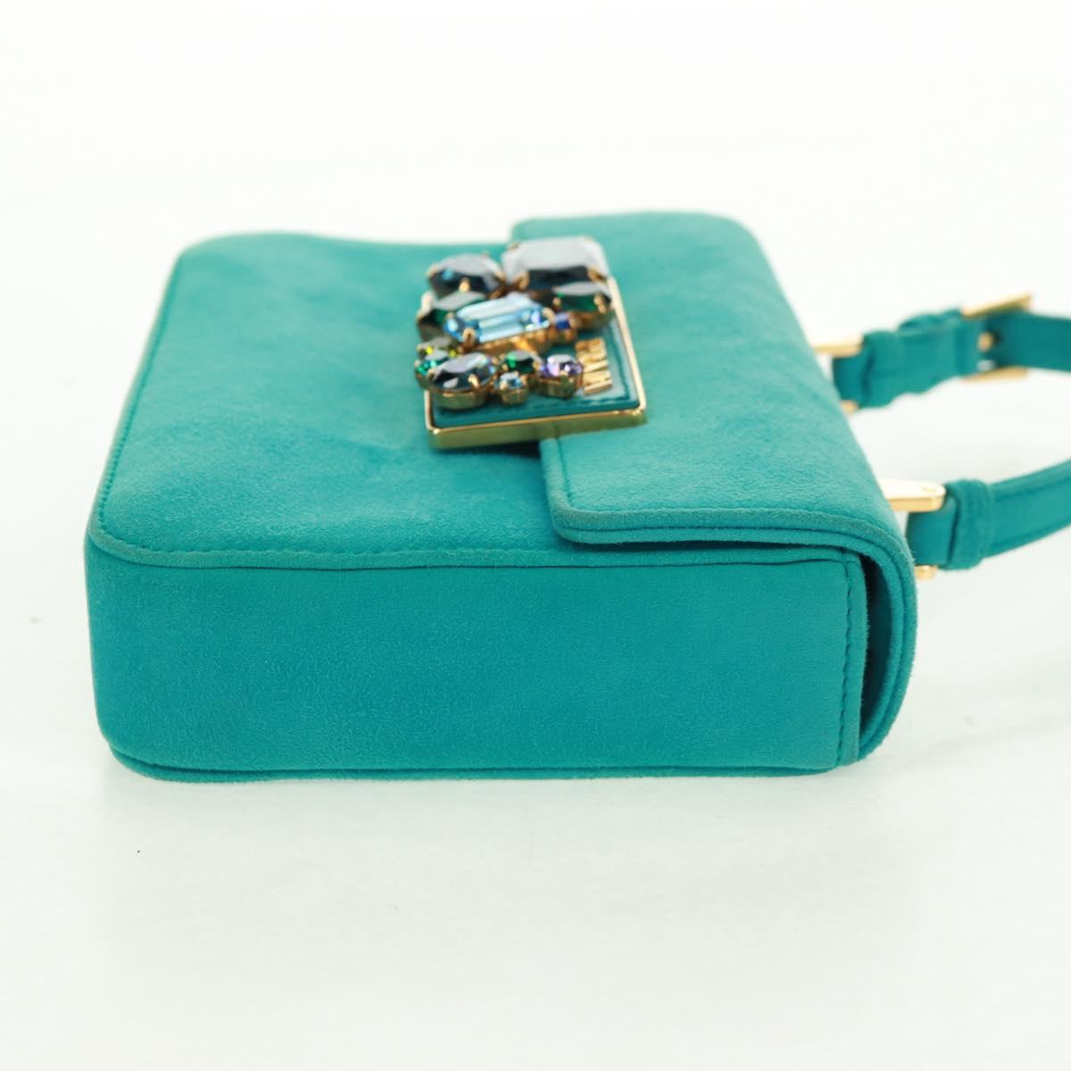 PRADA Hand Bag Suede Turquoise Blue Gold Auth 165751V