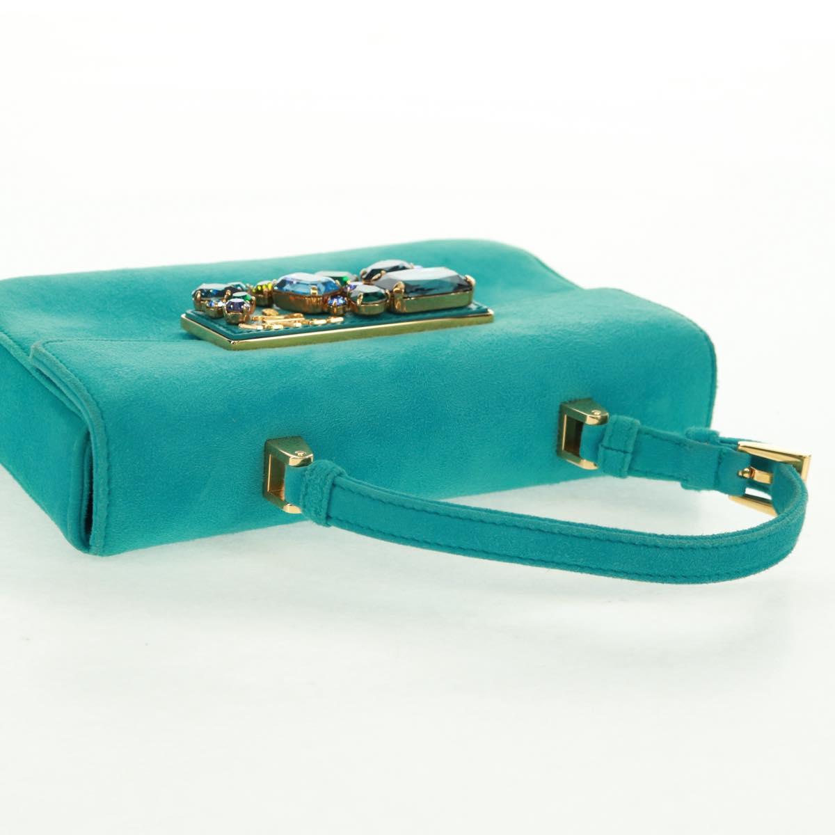 PRADA Hand Bag Suede Turquoise Blue Gold Auth 165751V