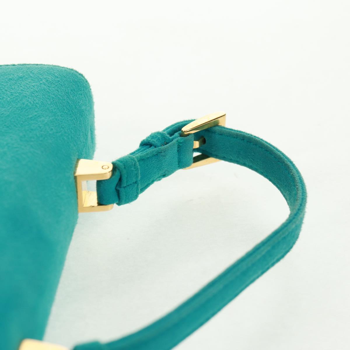 PRADA Hand Bag Suede Turquoise Blue Gold Auth 165751V