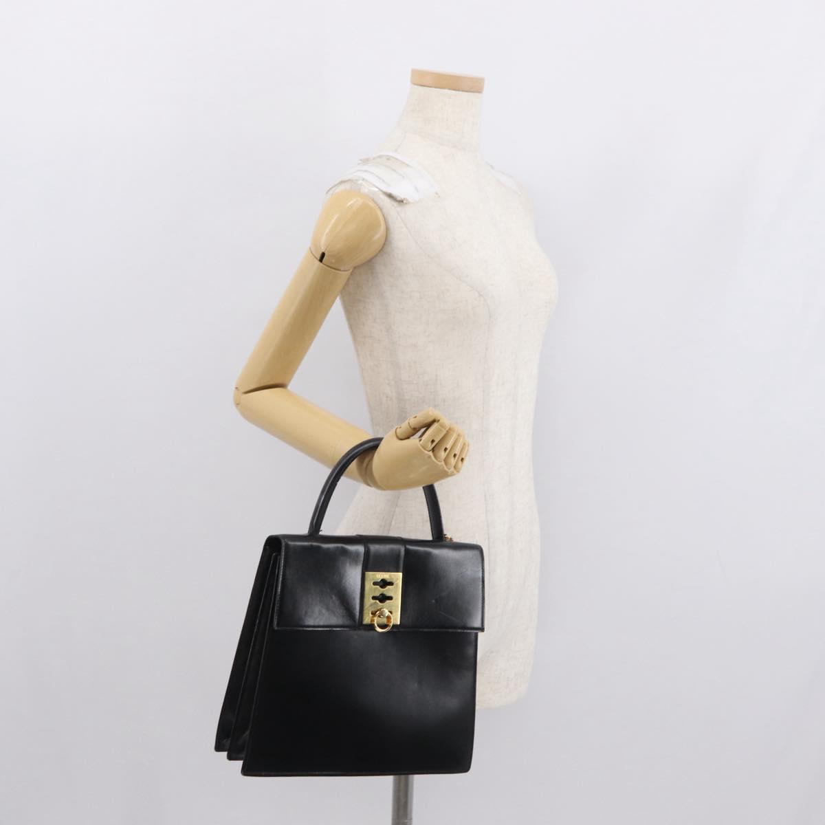 CELINE Hand Bag Leather Black Gold Auth 165770
