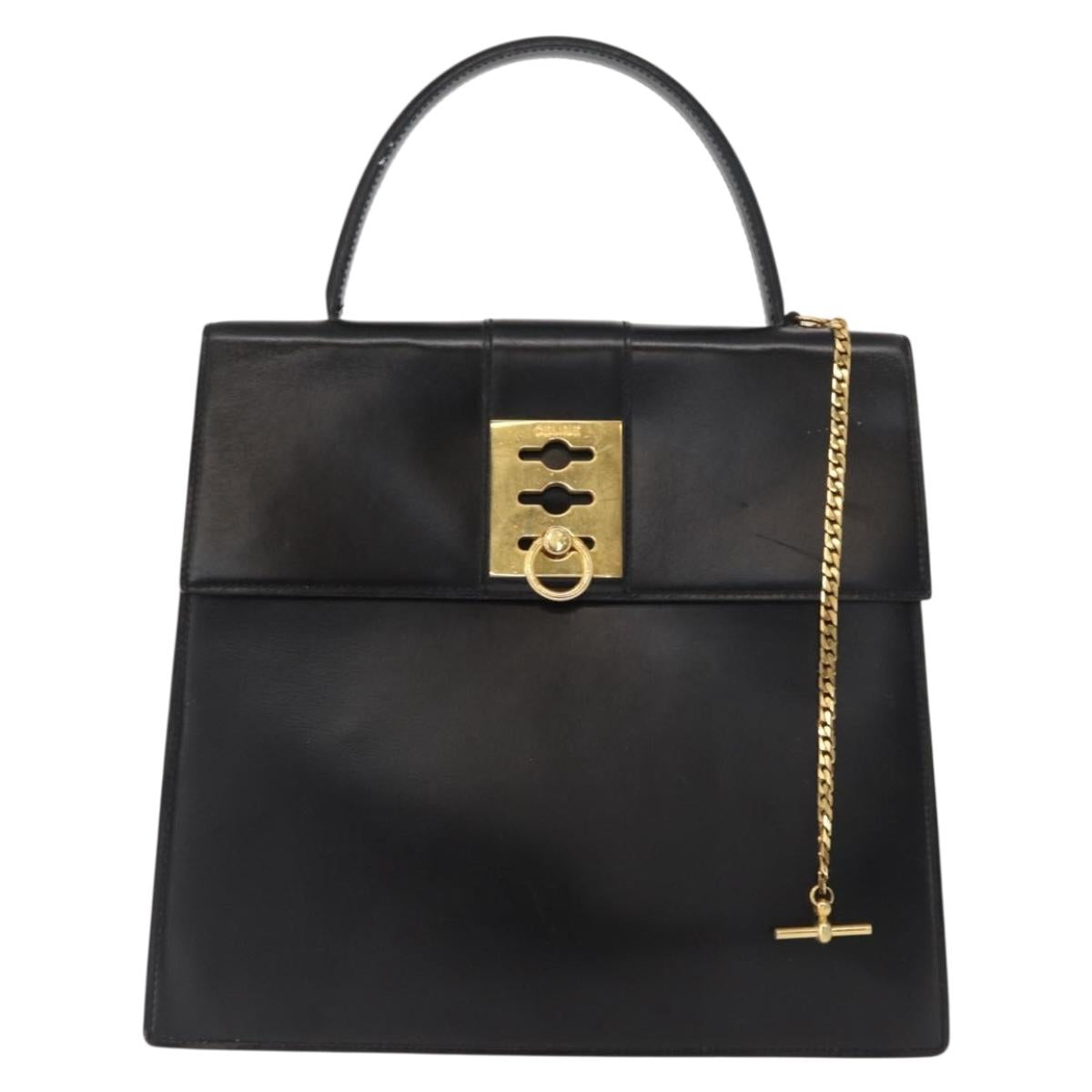 CELINE Hand Bag Leather Black Gold Auth 165770