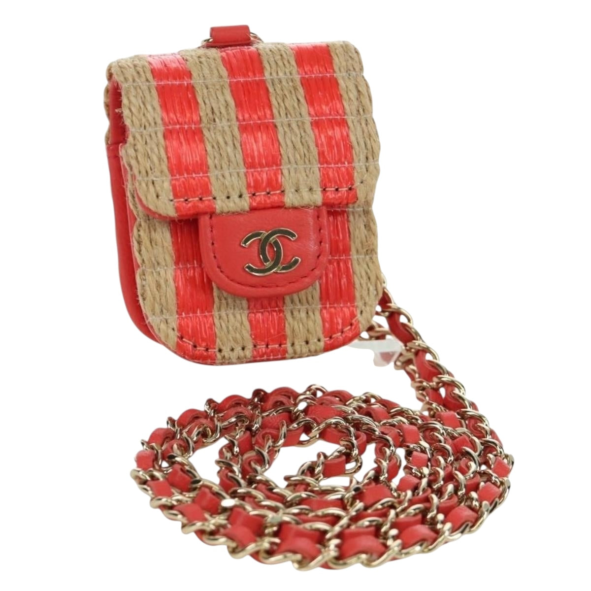 CHANEL AirPods Case Neck Pouch Raffia Red Gold CC Auth 165839SAM