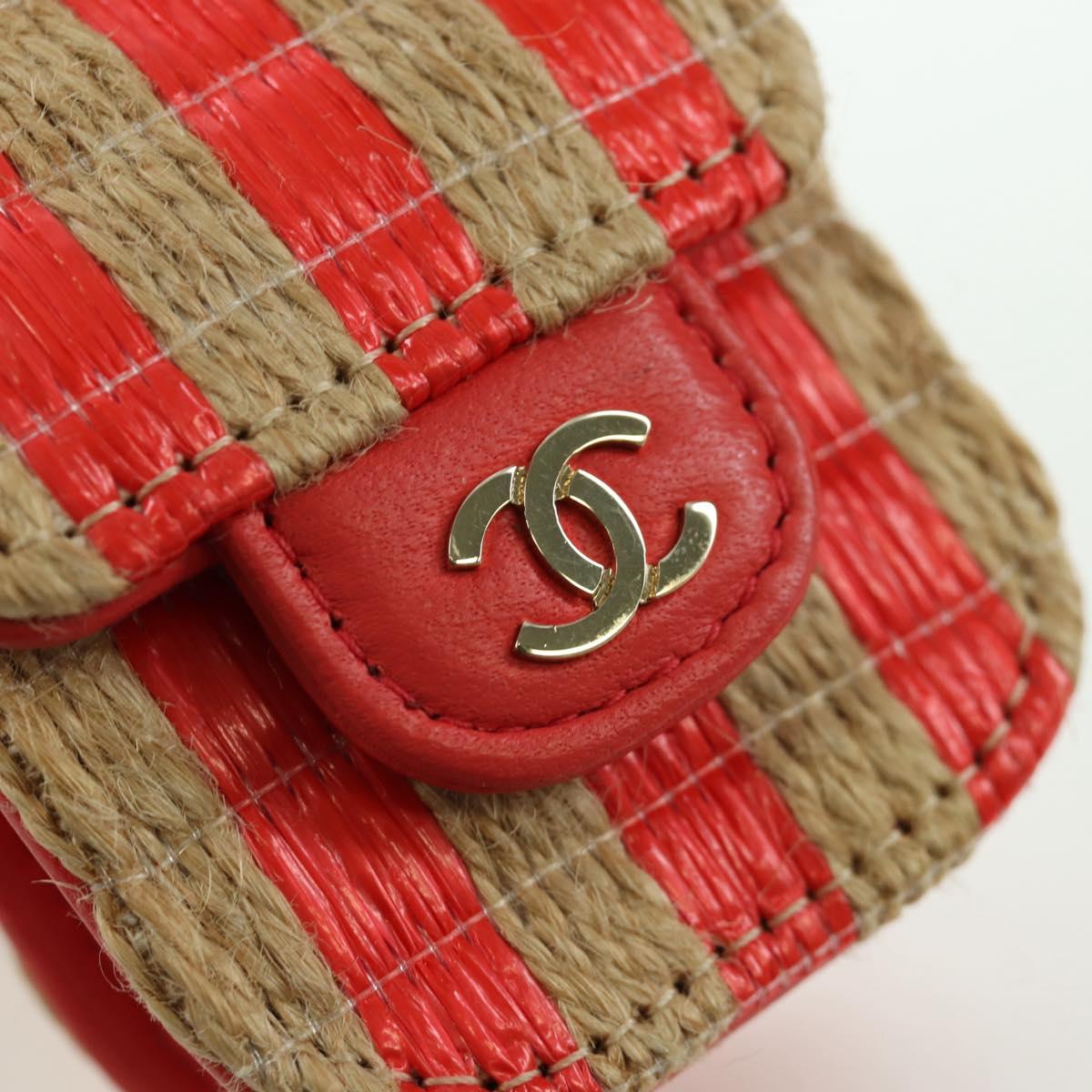 CHANEL AirPods Case Neck Pouch Raffia Red Gold CC Auth 165839SAM