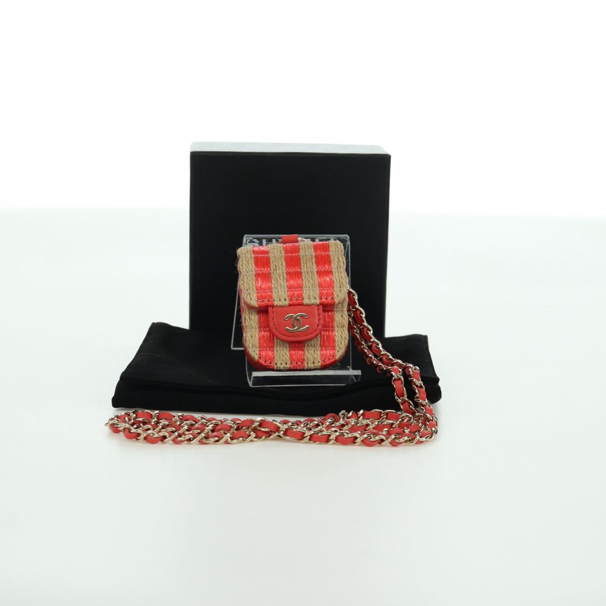 CHANEL AirPods Case Neck Pouch Raffia Red Gold CC Auth 165839SAM