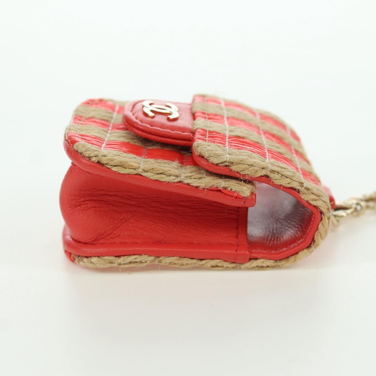 CHANEL AirPods Case Neck Pouch Raffia Red Gold CC Auth 165839SAM