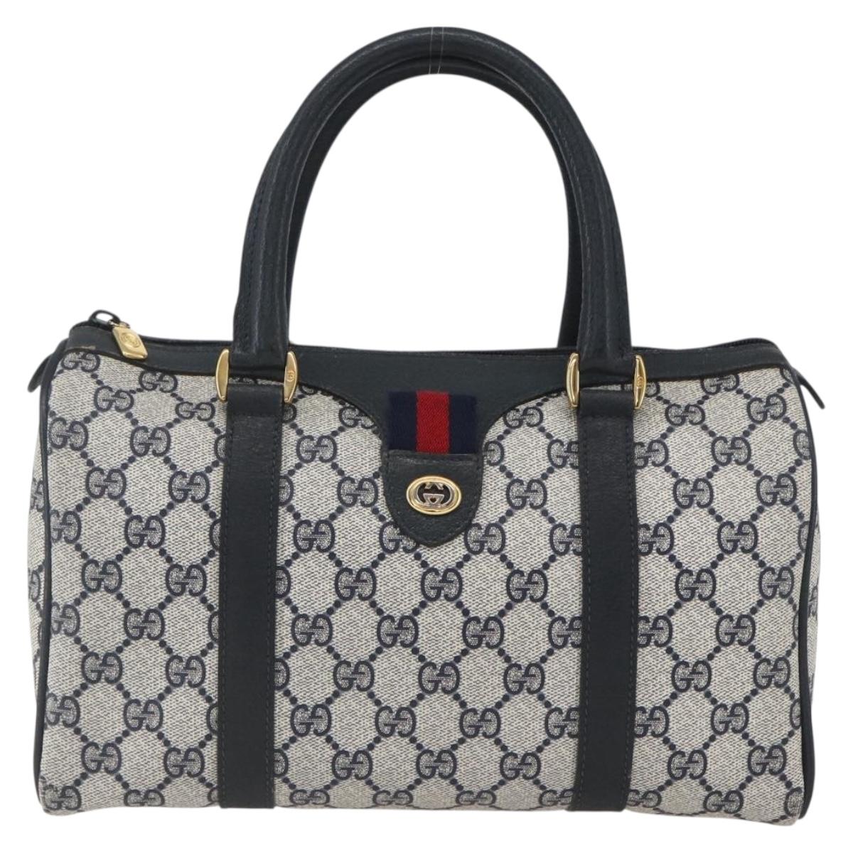 GUCCI GG Supreme Sherry Line Boston Bag PVC Navy Gold 40 02 006 Auth 165856