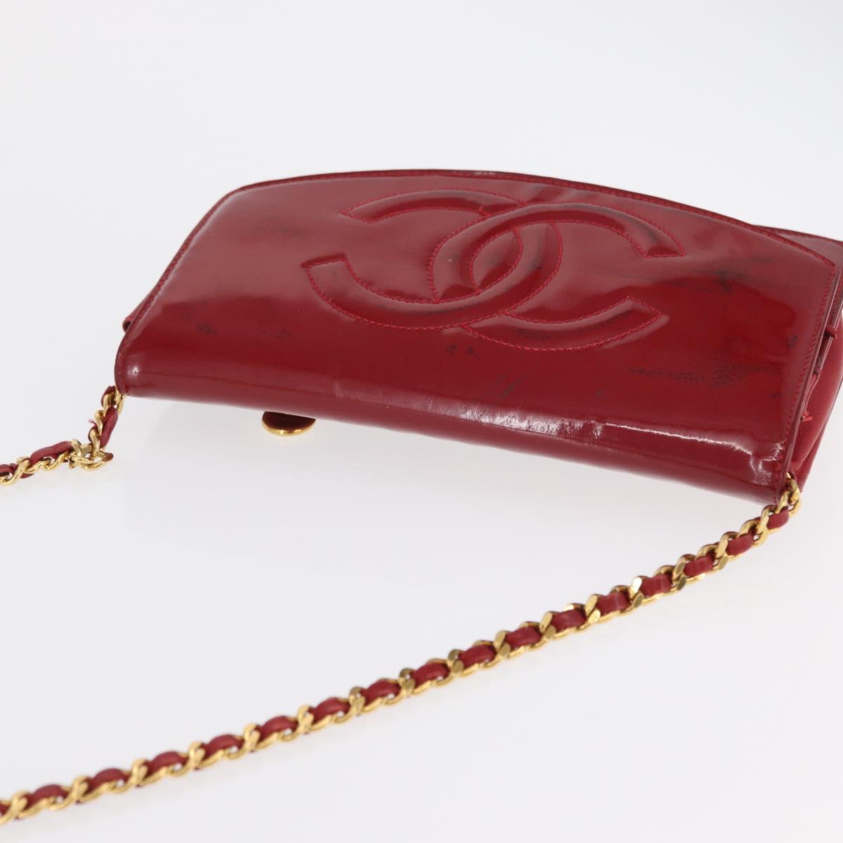 CHANEL COCO Mark Chain Shoulder Bag Patent leather Red Gold CC Auth 165902A