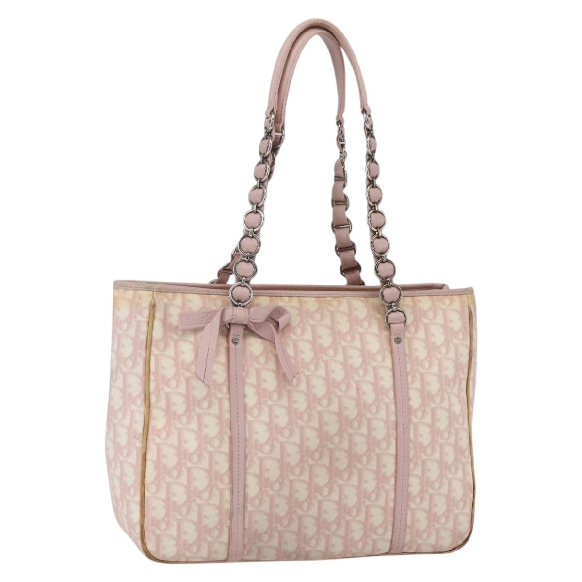 Christian Dior Trotter Canvas Romantic Hand Bag PVC Pink Silver Auth 165914