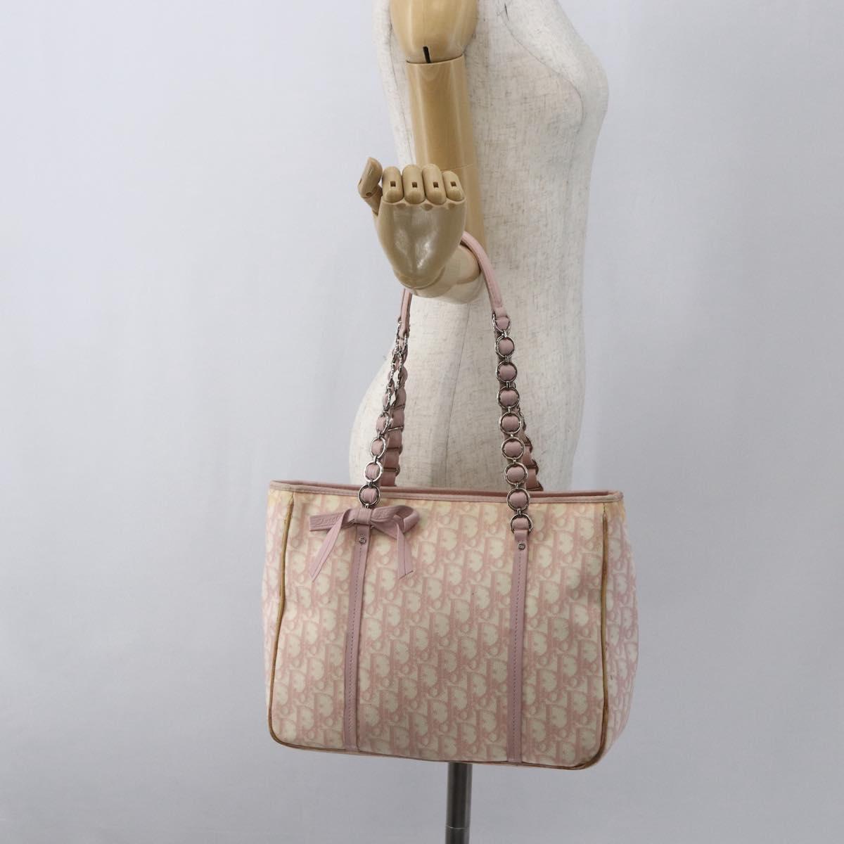 Christian Dior Trotter Canvas Romantic Hand Bag PVC Pink Silver Auth 165914