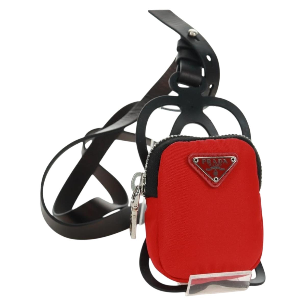 PRADA Phone Holder Neck Pouch Nylon Red Silver Auth 165922V