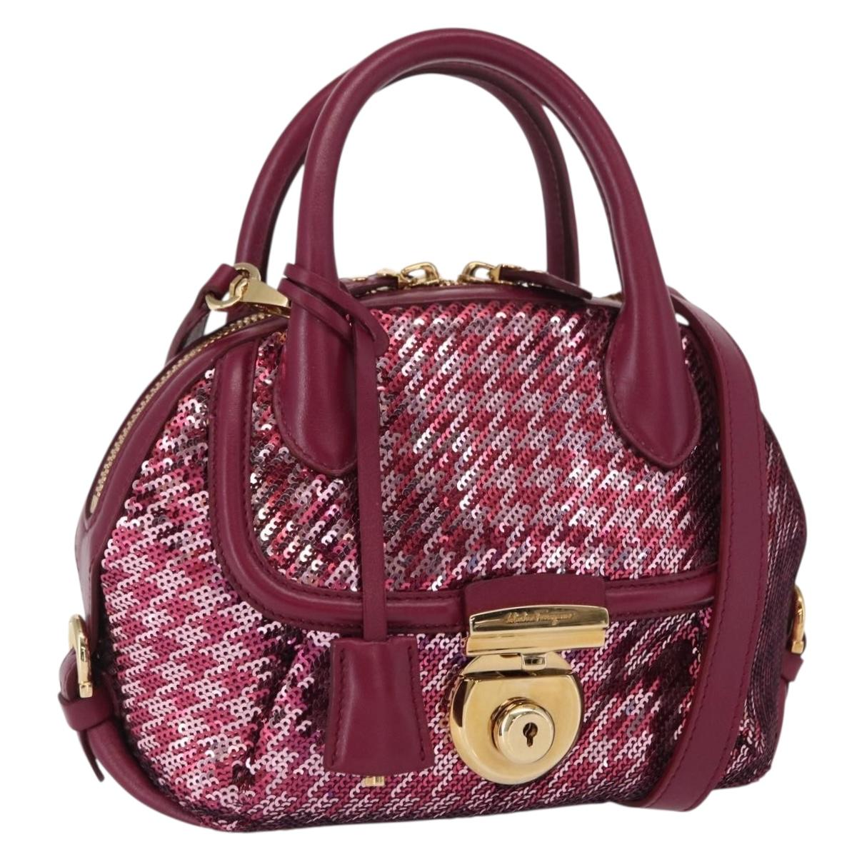 Salvatore Ferragamo Gancini Sequin Bag Leather 2way Pink Gold Auth 165928SAV