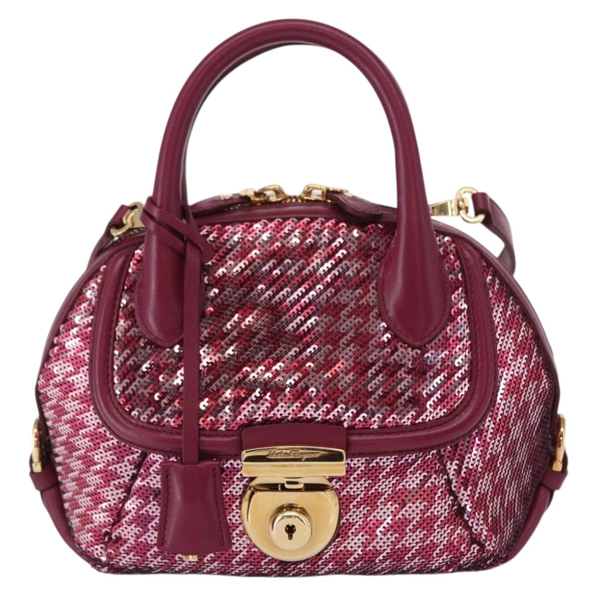 Salvatore Ferragamo Gancini Sequin Bag Leather 2way Pink Gold Auth 165928SAV