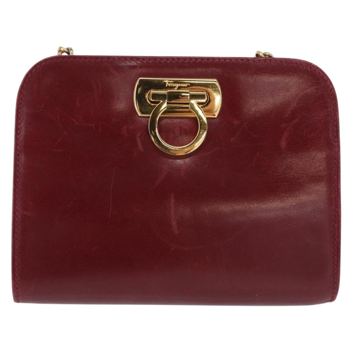 Salvatore Ferragamo Gancini Chain Shoulder Bag Leather Red Gold Auth 165934