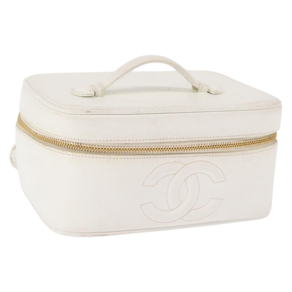 CHANEL Vanity Hand Bag Caviar Skin White Gold CC Auth 165943