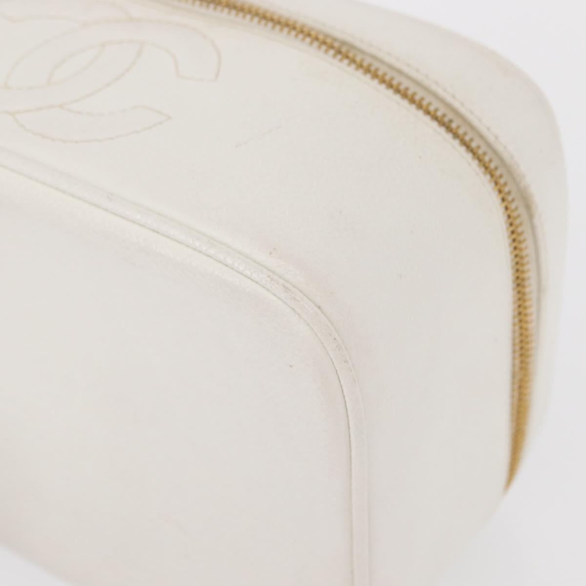 CHANEL Vanity Hand Bag Caviar Skin White Gold CC Auth 165943