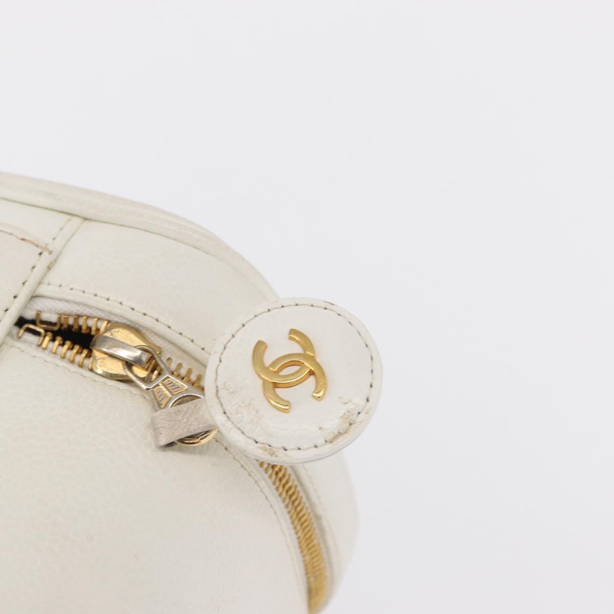 CHANEL Vanity Hand Bag Caviar Skin White Gold CC Auth 165943