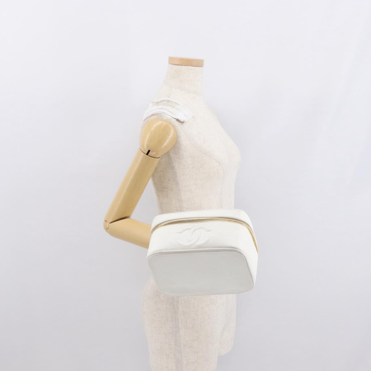 CHANEL Vanity Hand Bag Caviar Skin White Gold CC Auth 165943