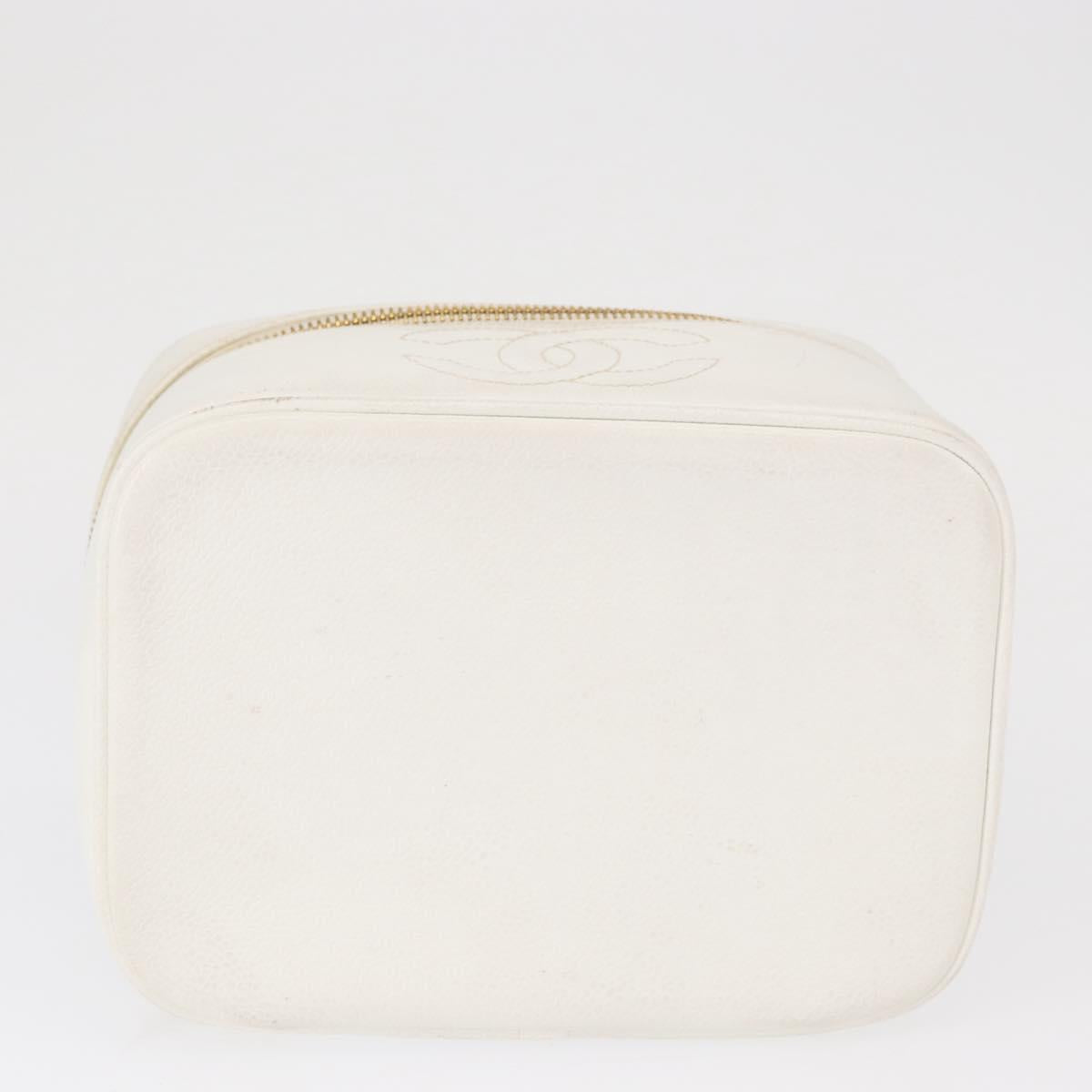 CHANEL Vanity Hand Bag Caviar Skin White Gold CC Auth 165943