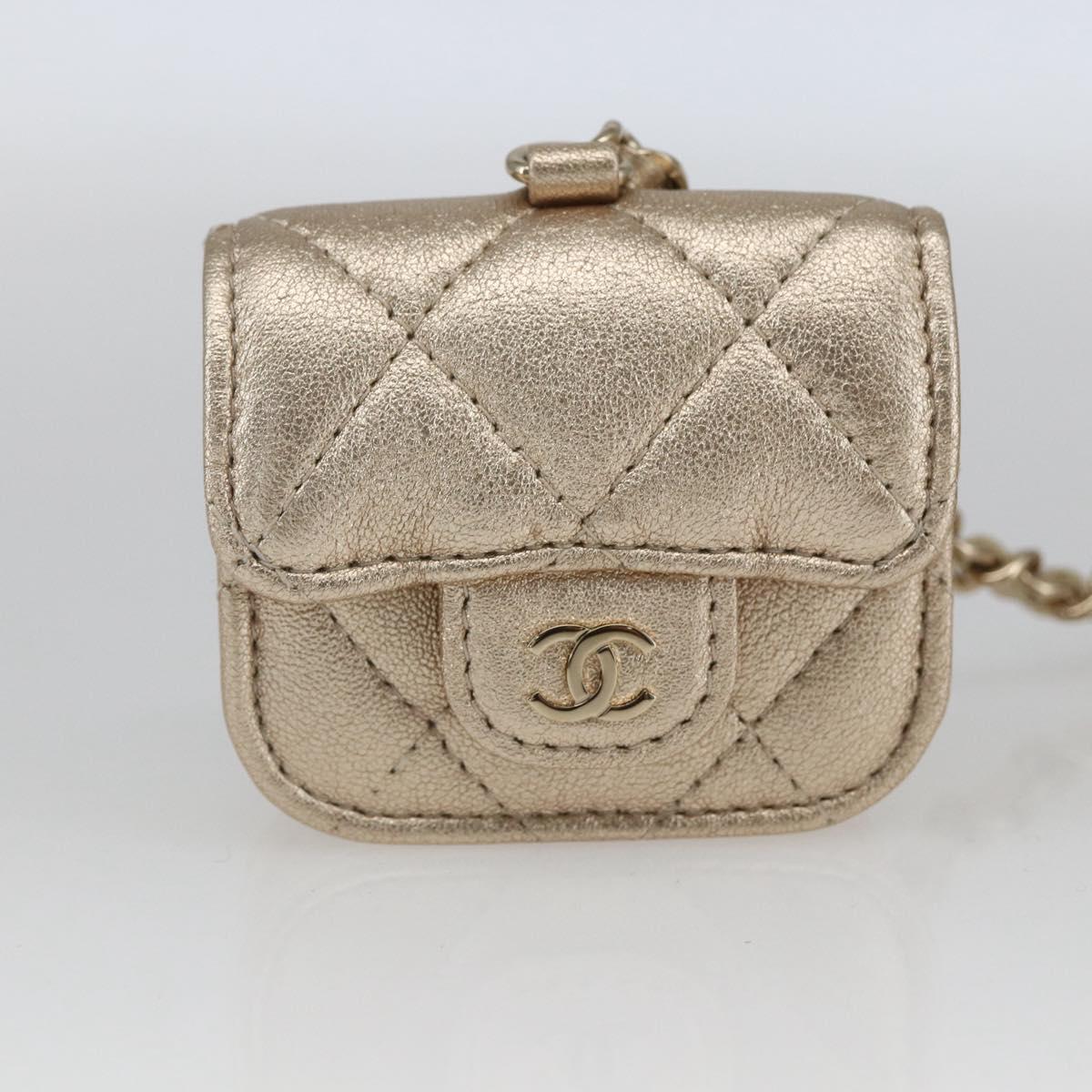 CHANEL Matelasse Air Pods case Coin Purse Lamb Skin Gold CC Auth 165948SM
