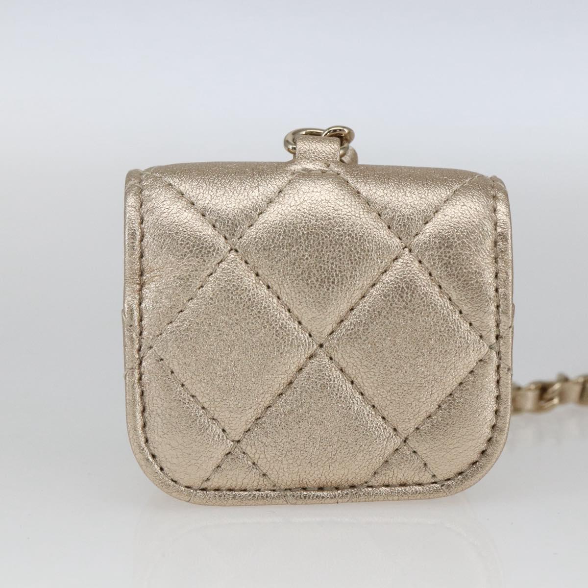 CHANEL Matelasse Air Pods case Coin Purse Lamb Skin Gold CC Auth 165948SM