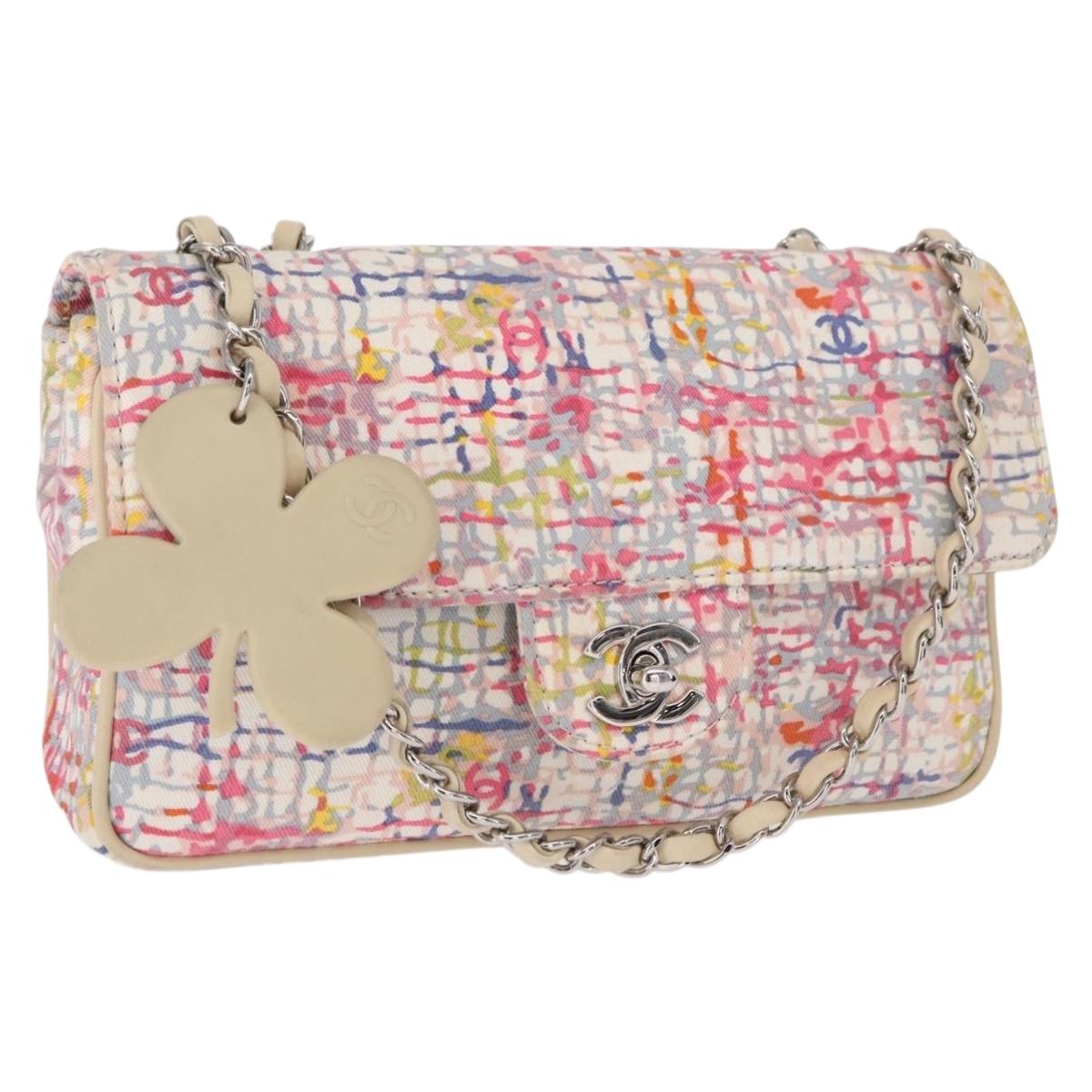 CHANEL Matelasse 25 Chain Shoulder Bag Canvas Multicolor Silver CC Auth 165952SM