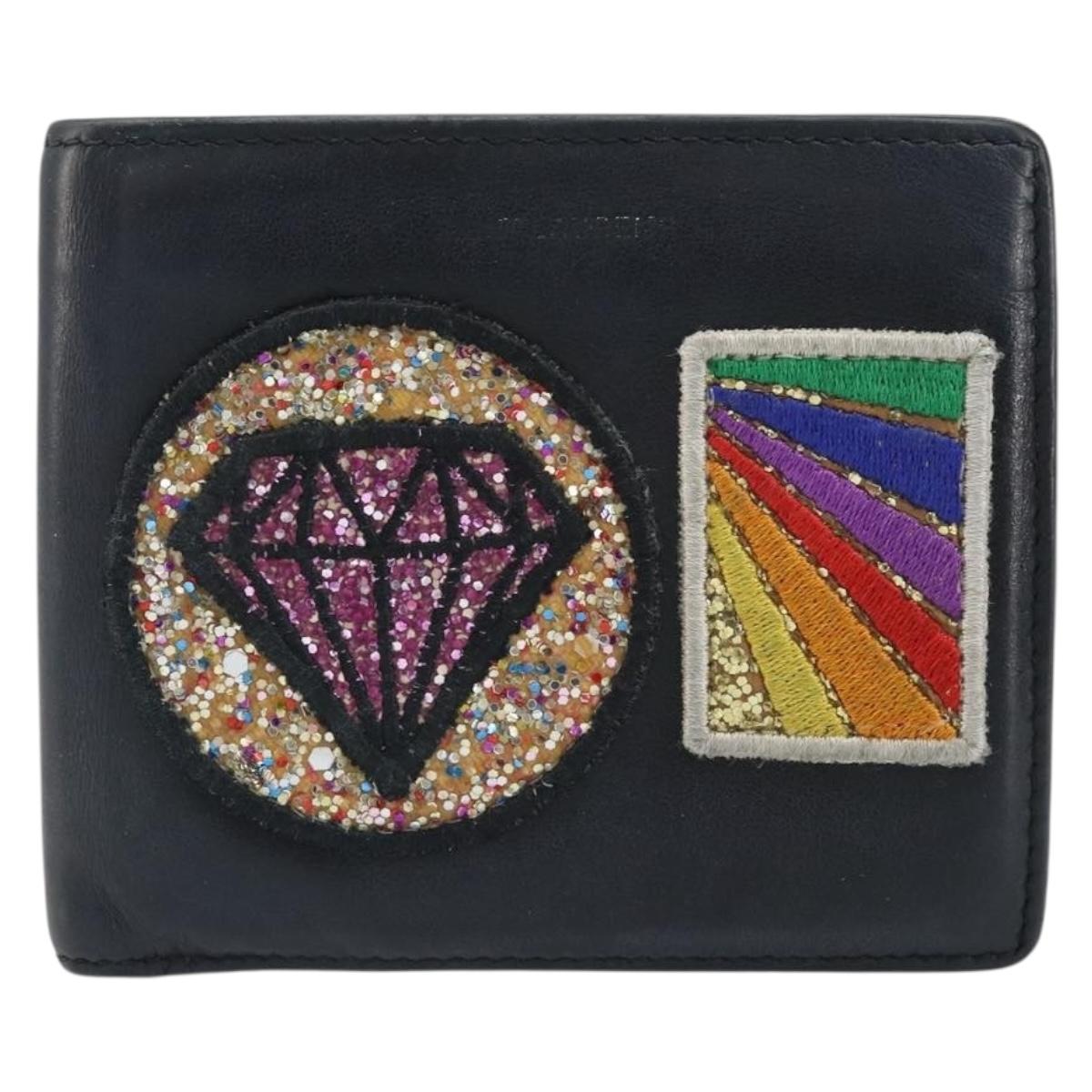 SAINT LAURENT Compact Wallet Leather Black Auth 165962
