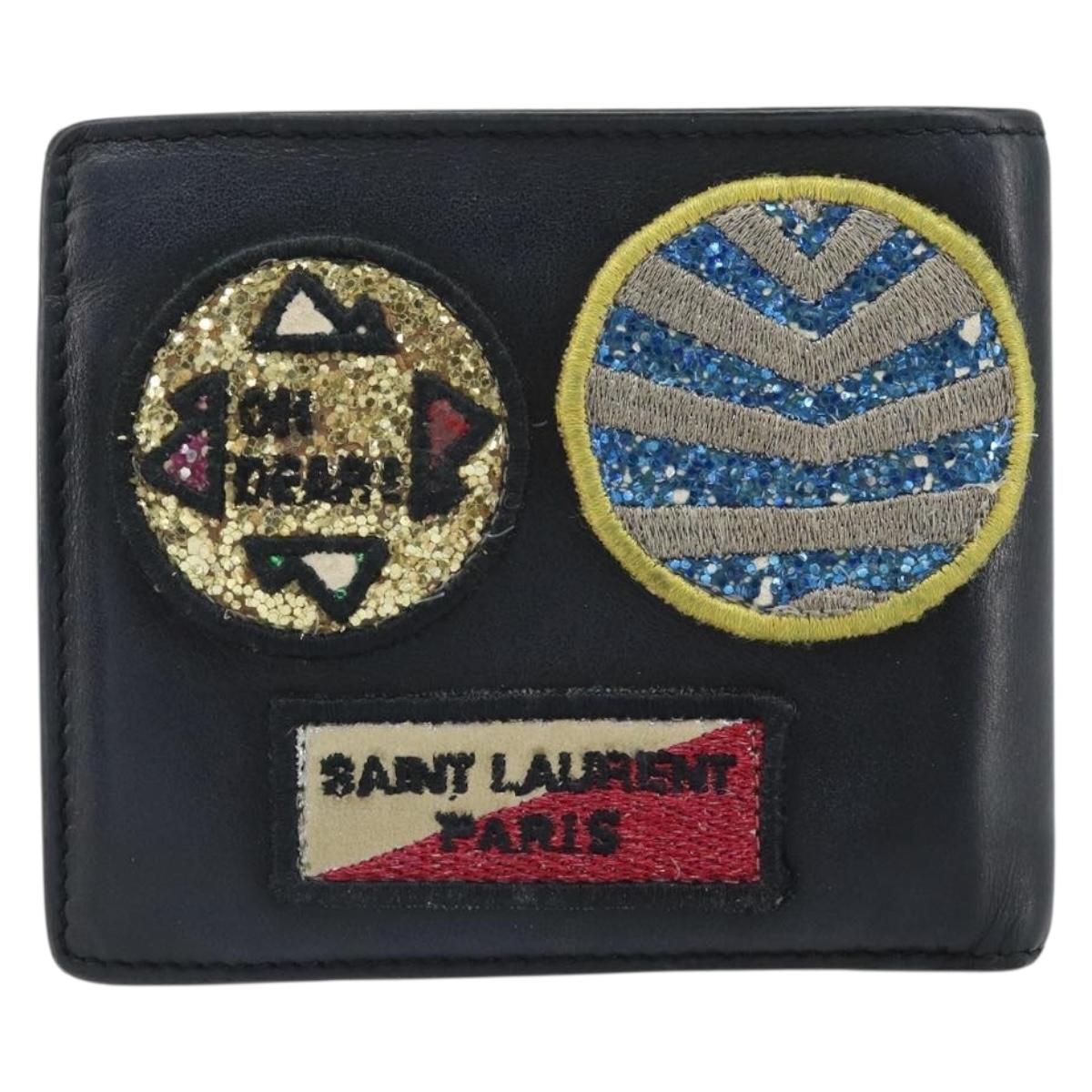 SAINT LAURENT Compact Wallet Leather Black Auth 165962