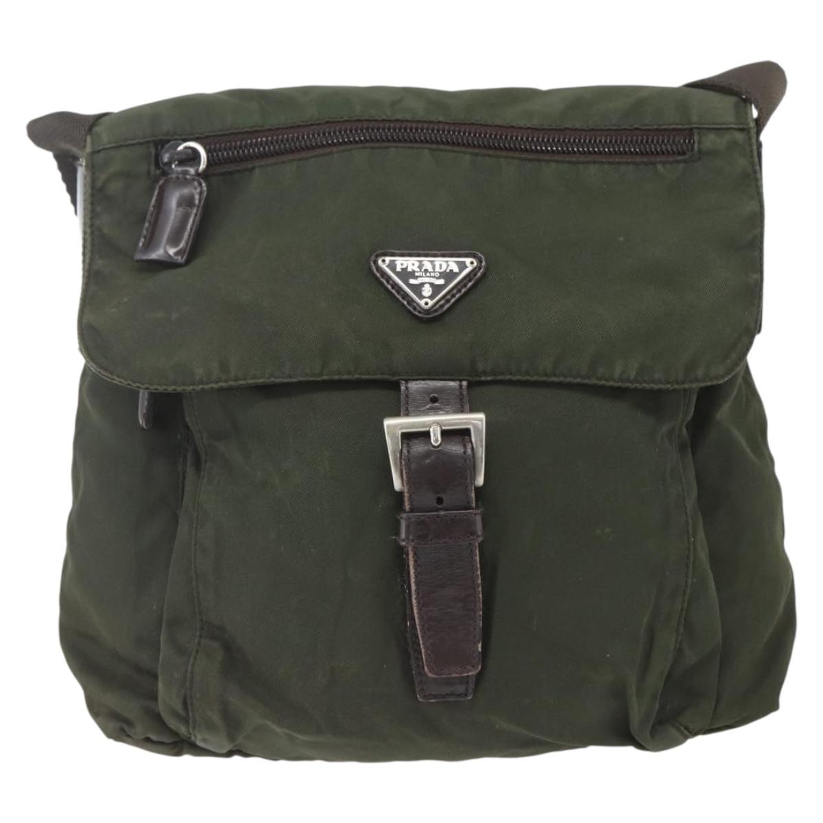 PRADA Shoulder Bag Nylon Khaki Silver Auth 165971