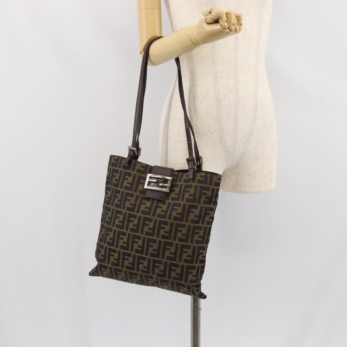 FENDI Zucca Canvas Mamma Tote Bag Black Brown Auth 165975
