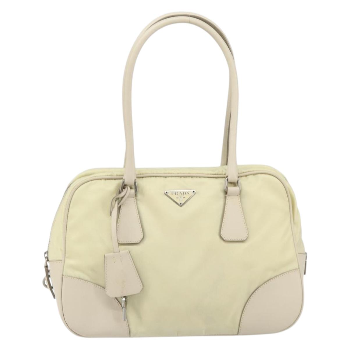 PRADA Hand Bag Nylon Ivory Silver Auth 165990