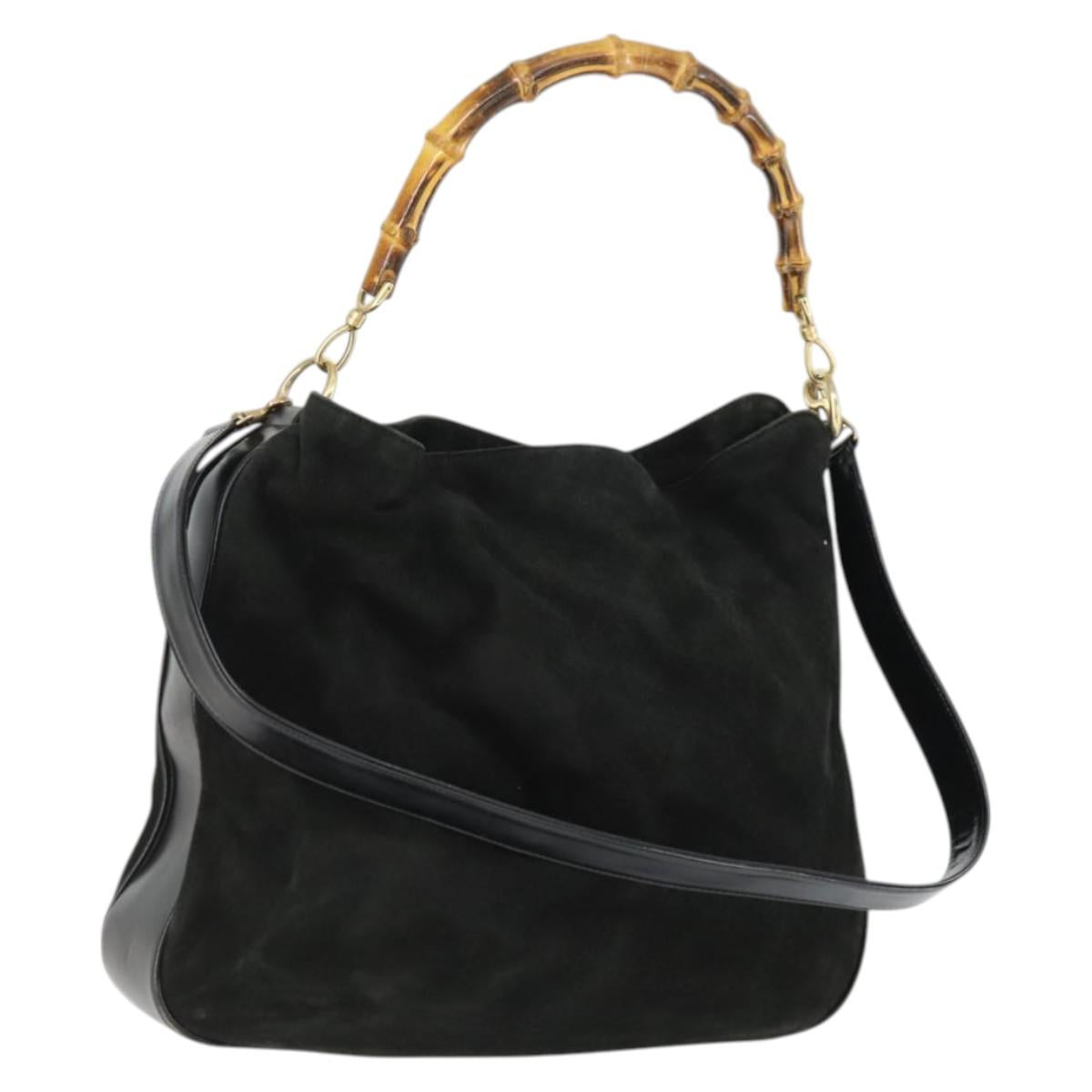 GUCCI Bamboo Shoulder Bag Suede 2way Black Gold 001 8577 2404 Auth 165991