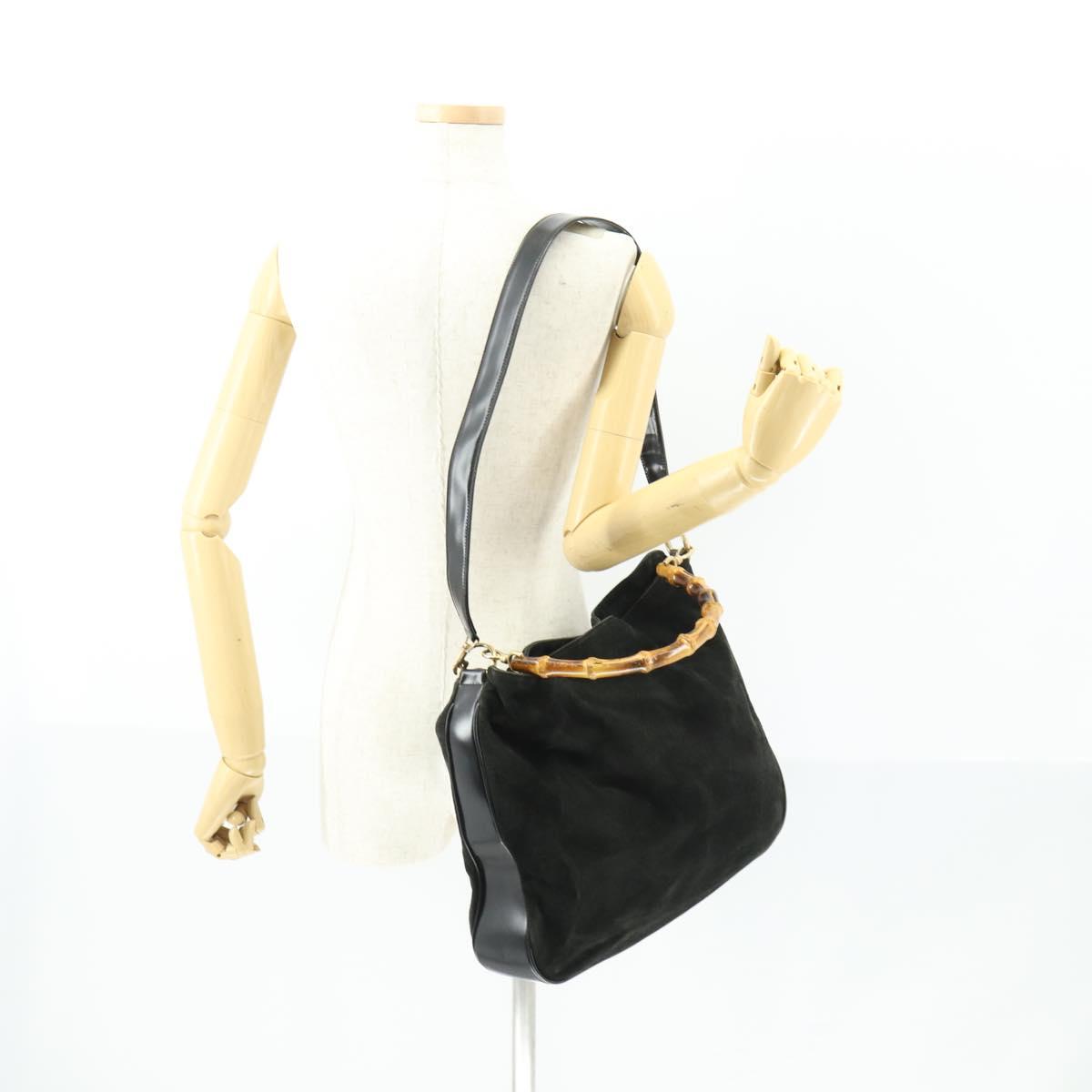 GUCCI Bamboo Shoulder Bag Suede 2way Black Gold 001 8577 2404 Auth 165991