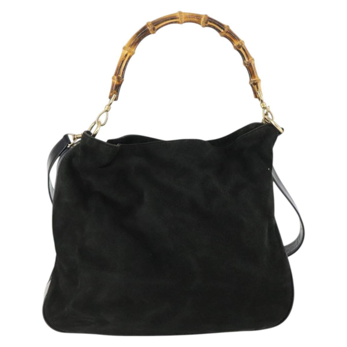 GUCCI Bamboo Shoulder Bag Suede 2way Black Gold 001 8577 2404 Auth 165991