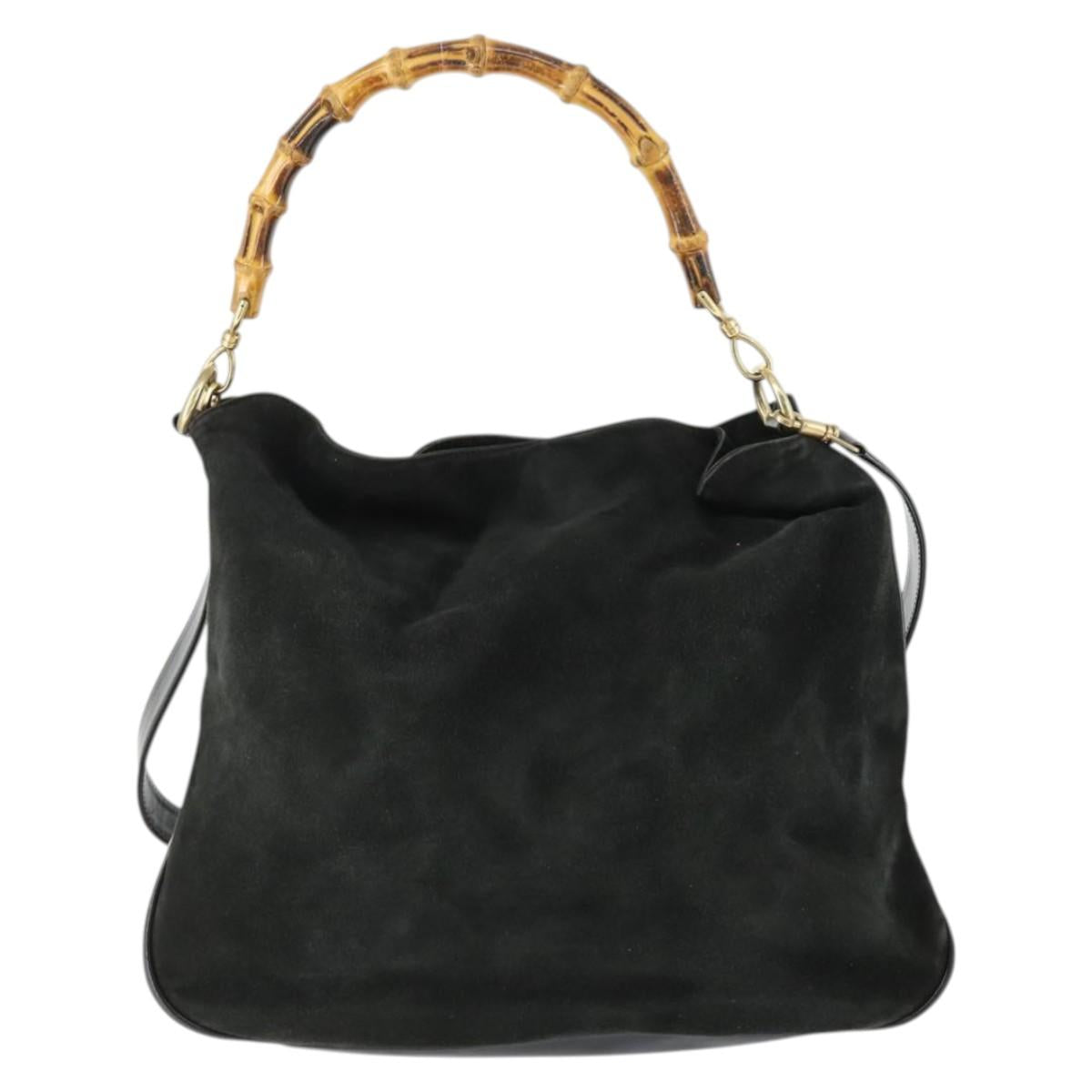 GUCCI Bamboo Shoulder Bag Suede 2way Black Gold 001 8577 2404 Auth 165991