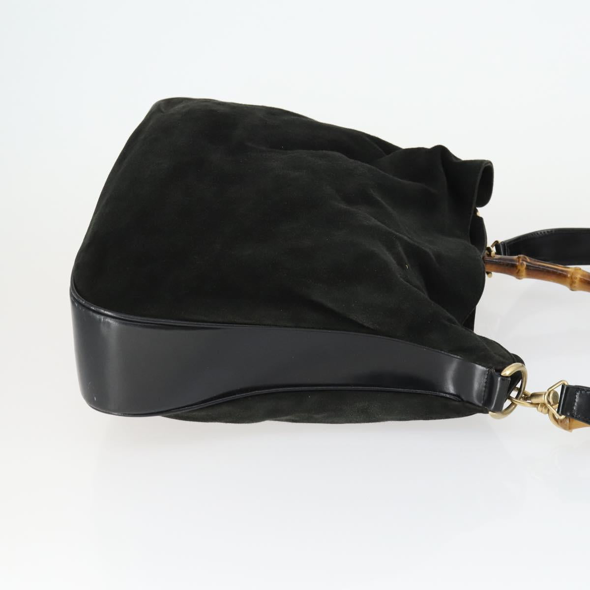 GUCCI Bamboo Shoulder Bag Suede 2way Black Gold 001 8577 2404 Auth 165991