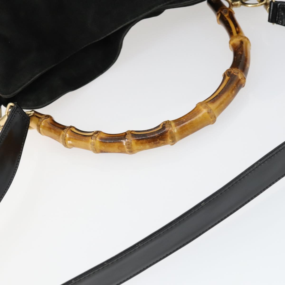 GUCCI Bamboo Shoulder Bag Suede 2way Black Gold 001 8577 2404 Auth 165991