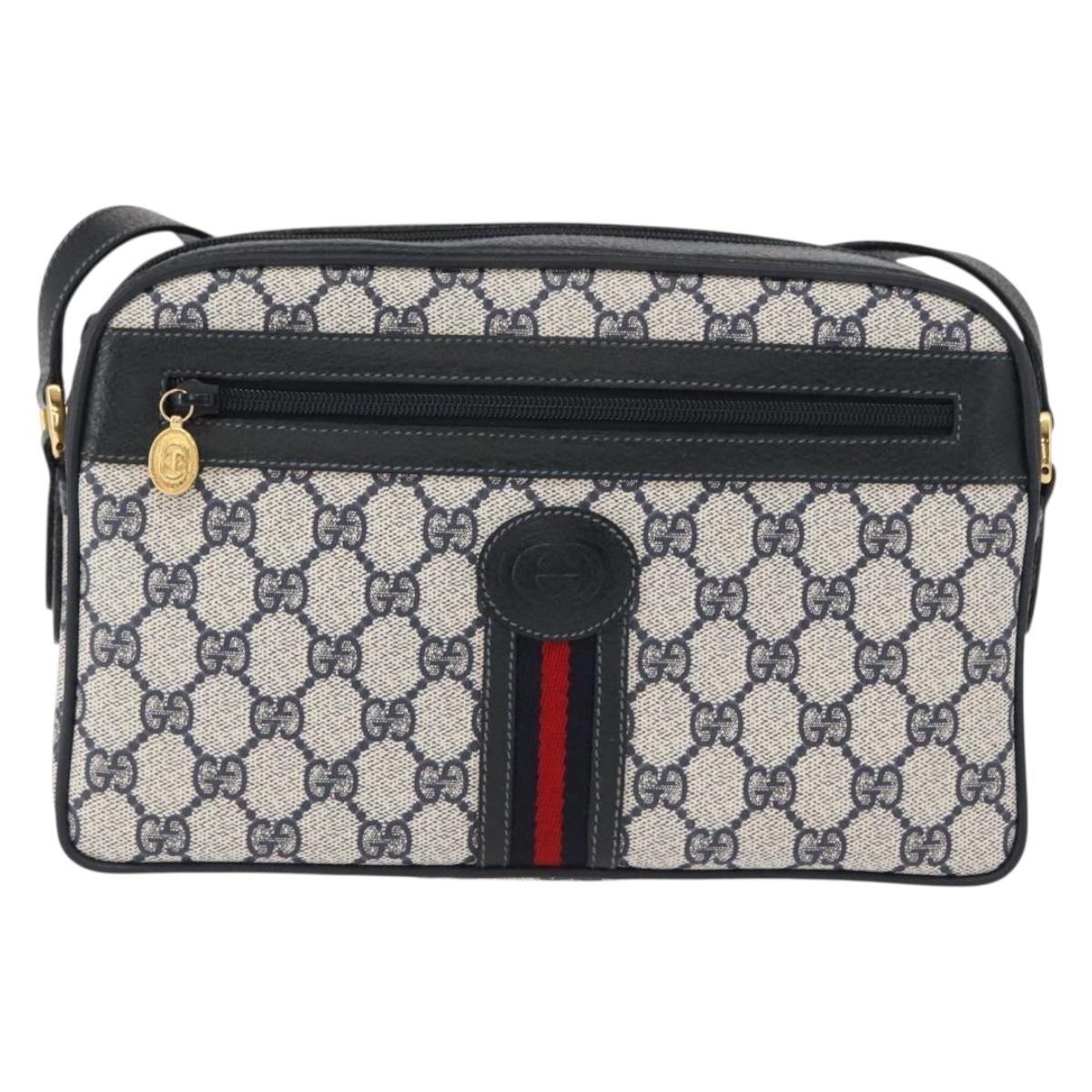 GUCCI GG Supreme Sherry Line Bag PVC Navy Gold Red 001 56 0942 Auth 166010