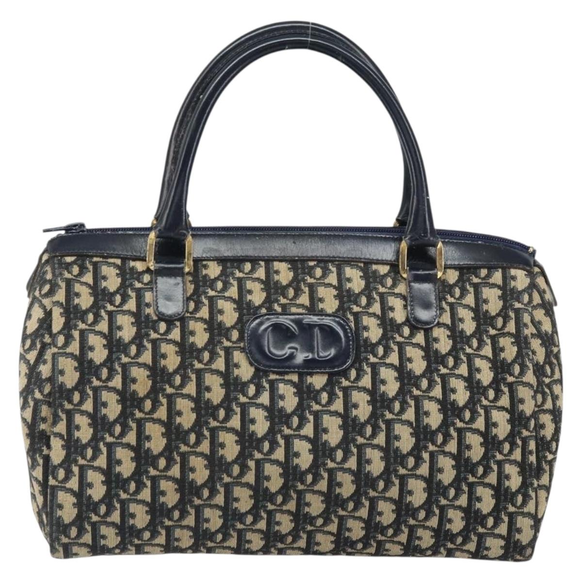 Christian Dior Trotter Canvas Boston Bag Navy Gold Auth 166011