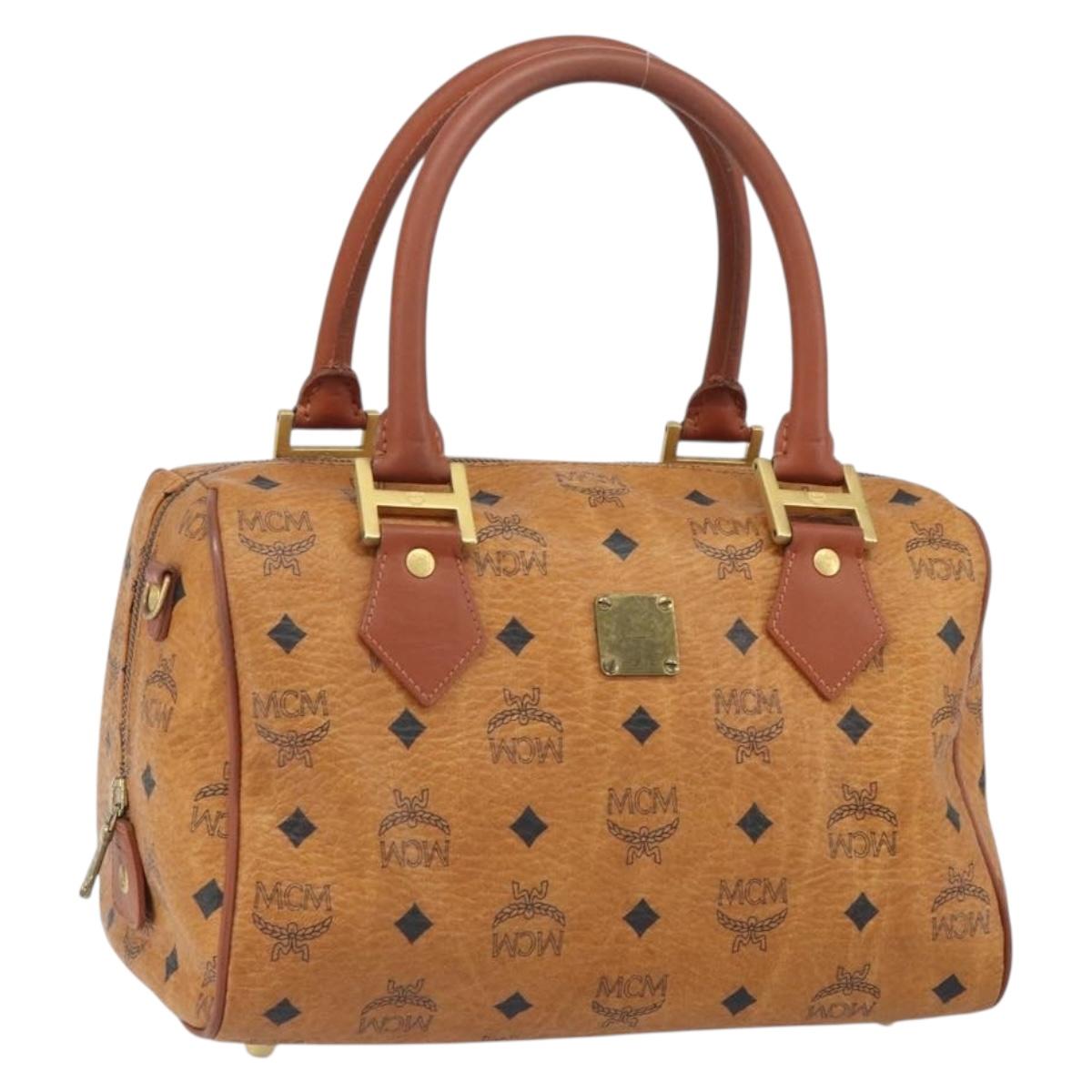 MCM Vicetos Logogram Boston Bag PVC Leather Brown Gold Auth 166071