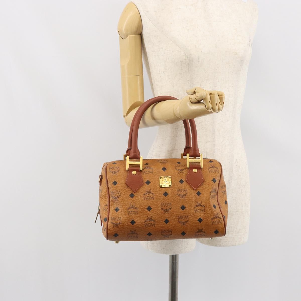 MCM Vicetos Logogram Boston Bag PVC Leather Brown Gold Auth 166071