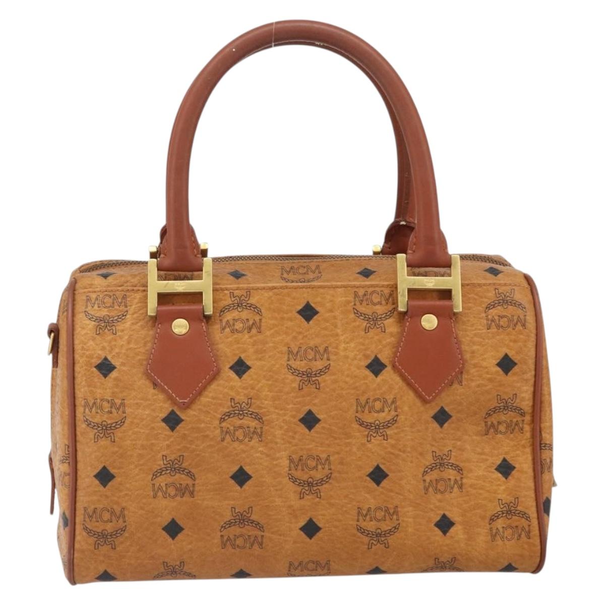 MCM Vicetos Logogram Boston Bag PVC Leather Brown Gold Auth 166071