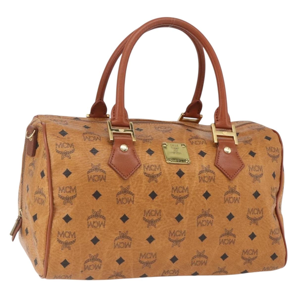 MCM Vicetos Logogram Boston Bag PVC Leather Brown Gold Auth 166091A