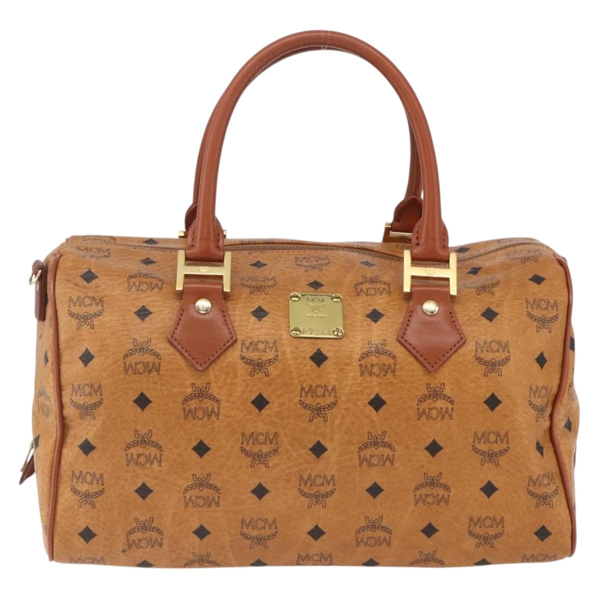 MCM Vicetos Logogram Boston Bag PVC Leather Brown Gold Auth 166091A
