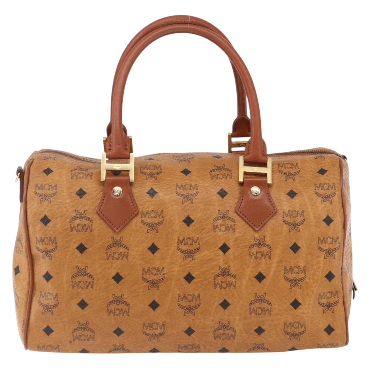 MCM Vicetos Logogram Boston Bag PVC Leather Brown Gold Auth 166091A