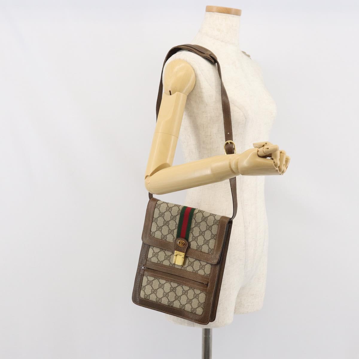 GUCCI GG Supreme Web Sherry Line Shoulder Bag PVC Beige Gold Auth 166128