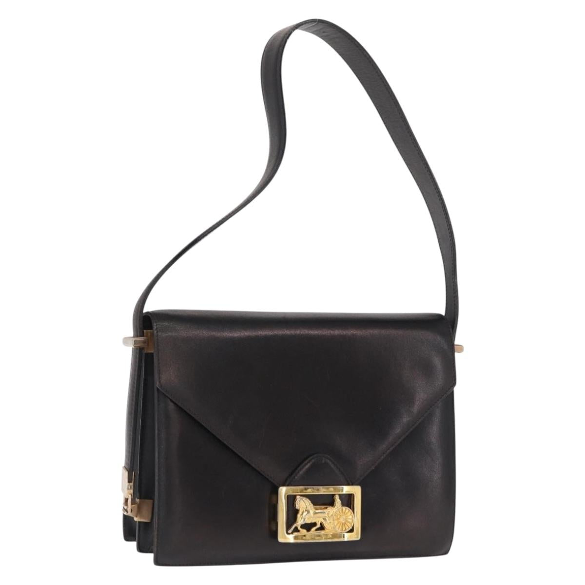 CELINE Horse Carriage Shoulder Bag Leather Black Gold Auth 166146